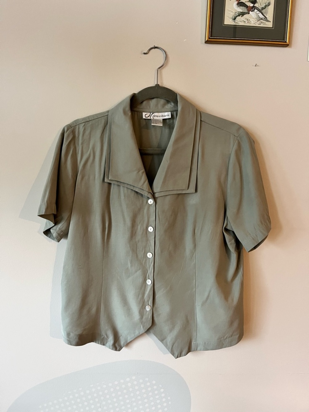 Vintage Dressbarn Sage Green Short Sleeve Button Front Shirt Size Medium